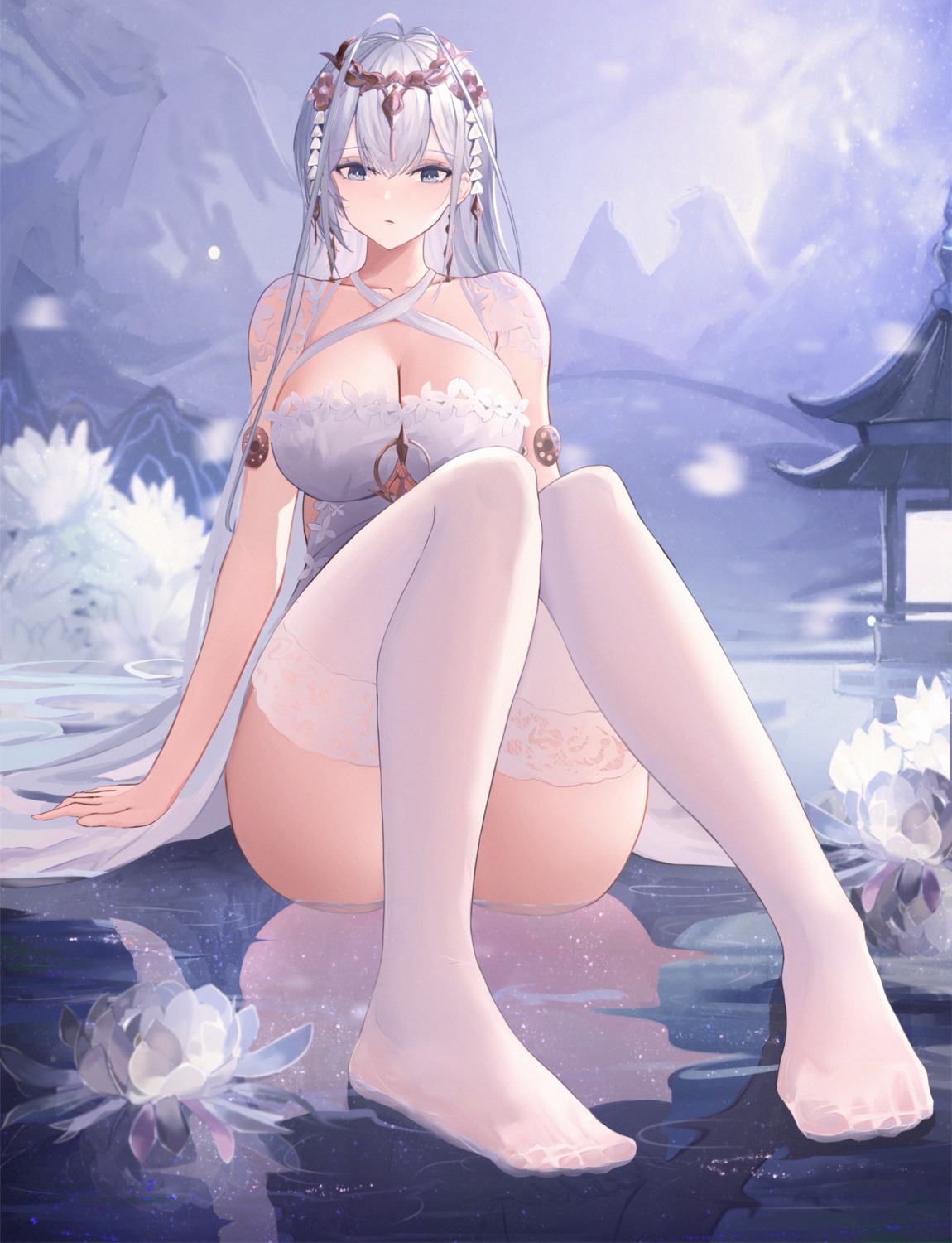 azur_lane dido_(magicc) dress emden_(azur_lane) feet no_bra thighhighs wet