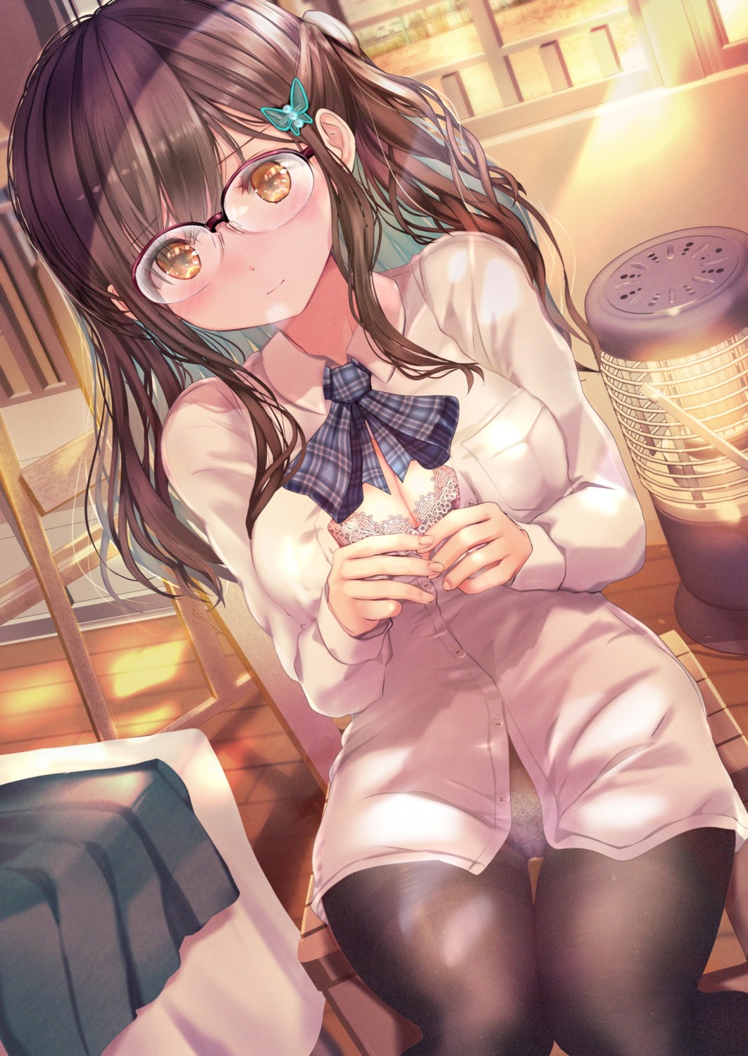 bra cleavage megane ogata_tei open_shirt pantsu pantyhose seifuku