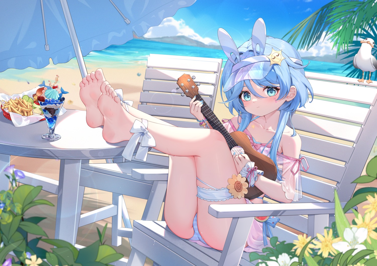 animal_ears bikini bunny_ears cameltoe feet garter guitar kuroida loli skirt_lift swimsuits