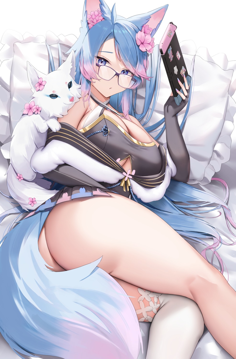 animal_ears ass cleavage kitsune megane nopan silvervale skai_kun skirt_lift tail thighhighs vshojo