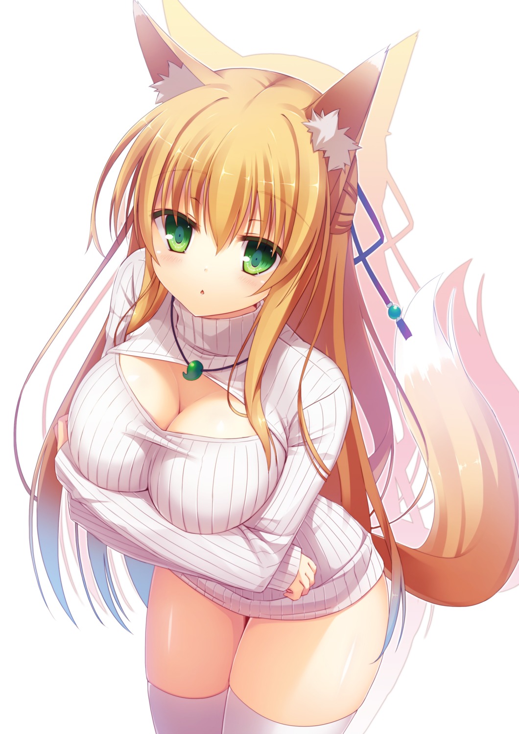 animal_ears breast_hold cleavage izuna_(yuzuka) kitsune sweater tail thighhighs yuzuka