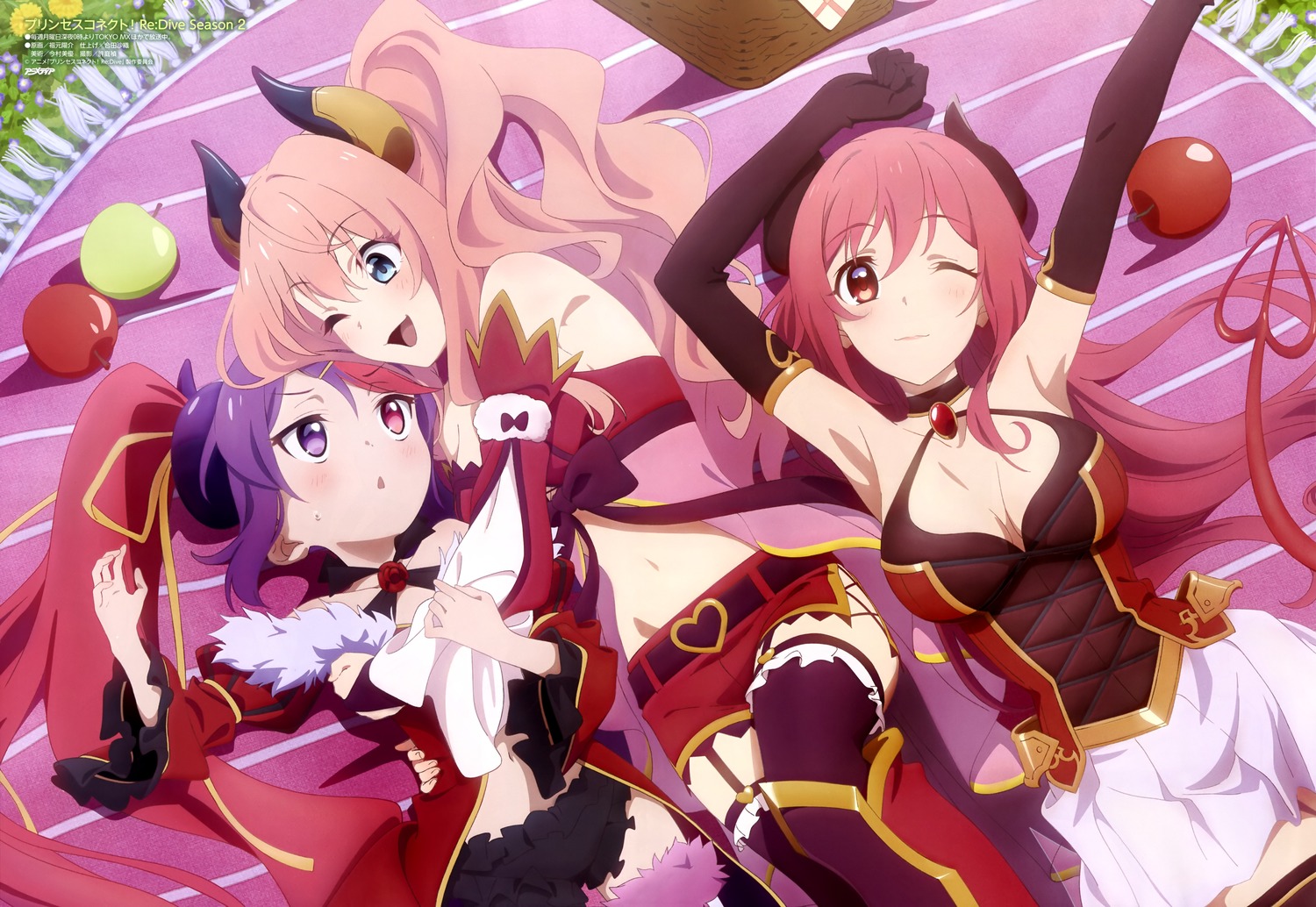 cleavage fukumoto_yousuke hasekura_io heterochromia horns minami_suzuna princess_connect princess_connect!_re:dive stockings tamaizumi_misaki thighhighs yuri