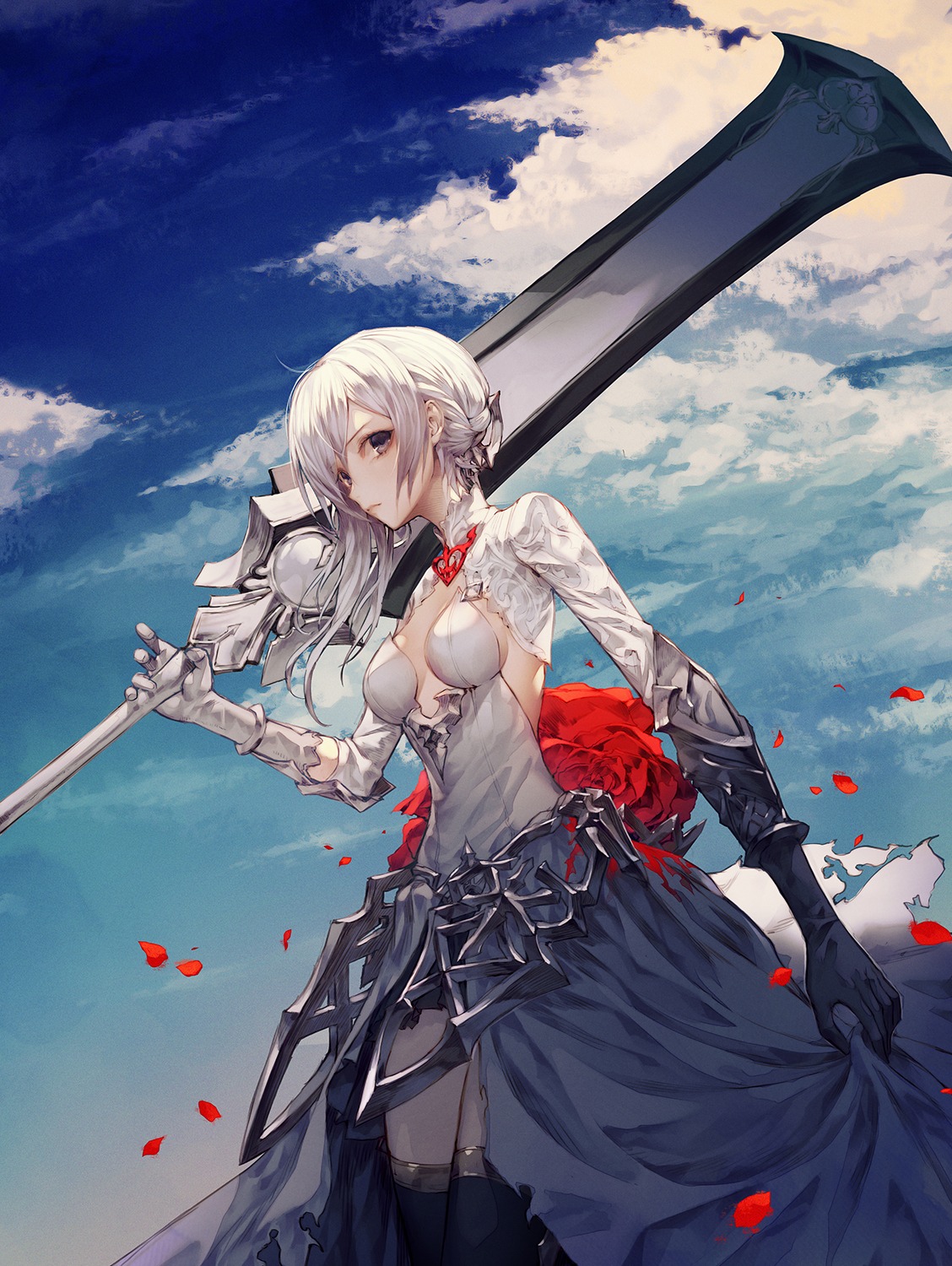 armor cleavage dress no_bra sinoalice snow_white_(sinoalice) sword thighhighs wanke