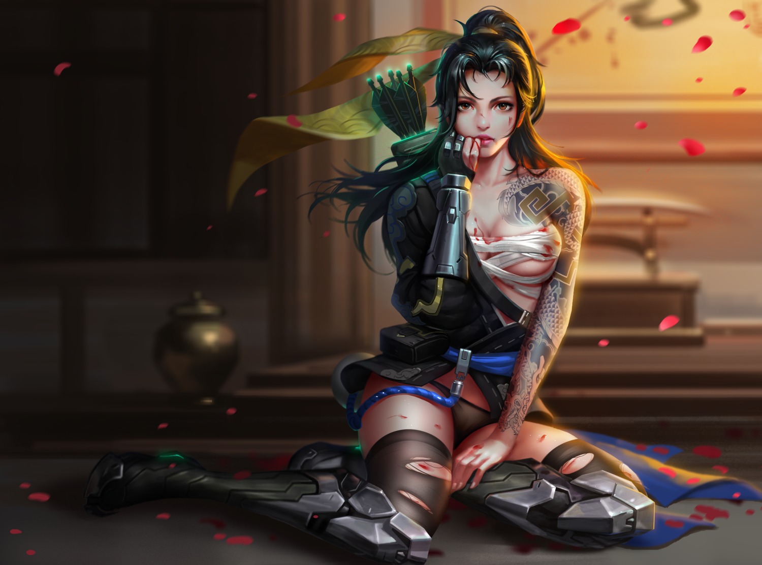 armor blood cleavage genderswap hanzo_(overwatch) liang_xing overwatch pantsu sarashi tattoo thighhighs torn_clothes weapon