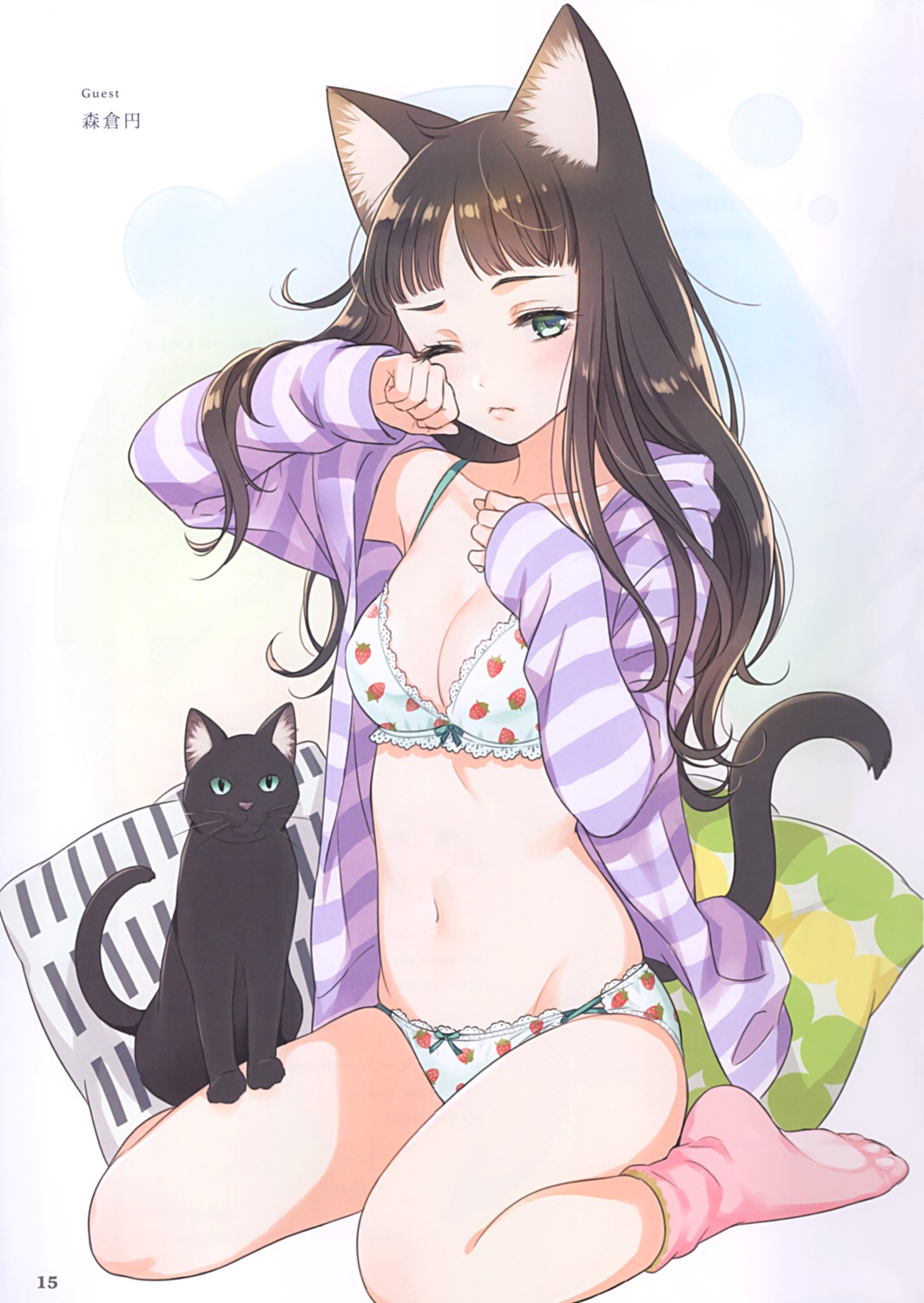 animal_ears bra morikura_en neko nekomimi open_shirt pajama pantsu tail