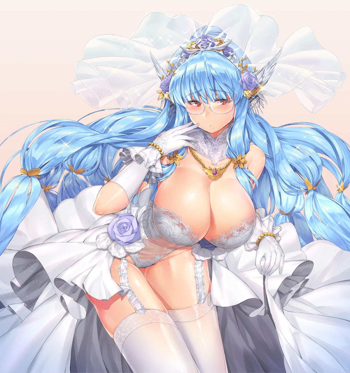 cleavage dress megane moing no_bra pantsu see_through soccer_spirits stockings thighhighs wedding_dress