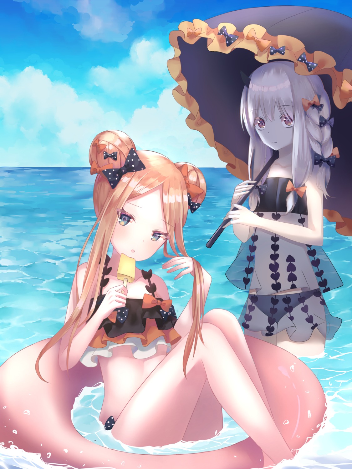 abigail_williams_(fate) bikini fate/grand_order horns lavinia_whateley_(fate/grand_order) loli lolita_fashion naryoung see_through swimsuits umbrella wet