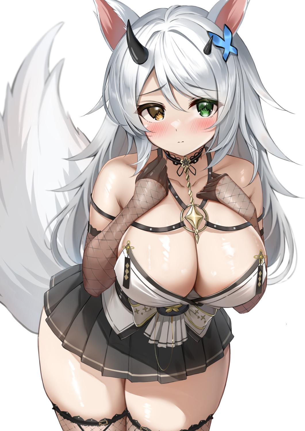 animal_ears fishnets heterochromia horns japanese_clothes mahiro_(mahiron1062) no_bra tail thighhighs