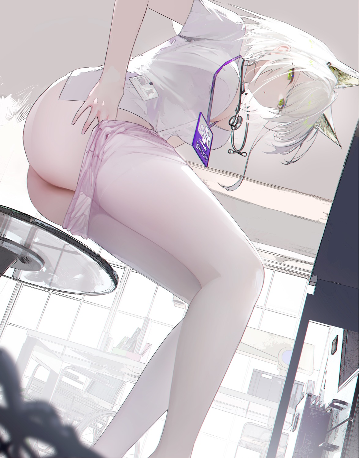 animal_ears arknights ass kal'tsit_(arknights) nopan nurse omone_hokoma_agm open_shirt pantyhose undressing