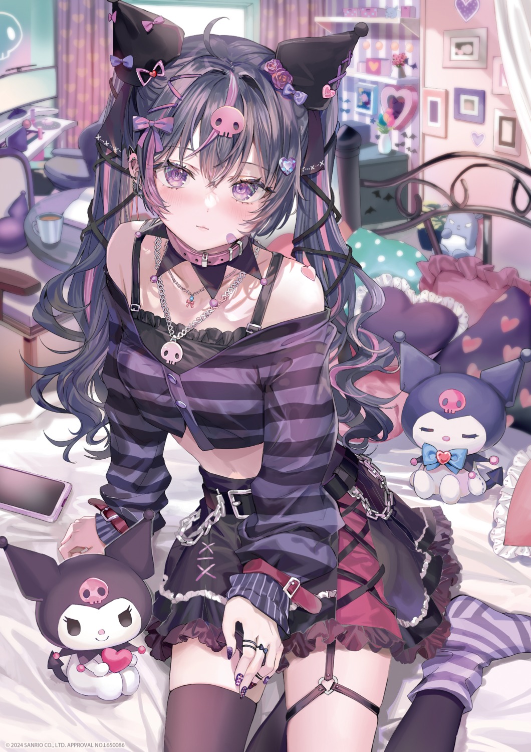 animal_ears bandaid crossover garter kuromi_(sanrio) momoko_(momopoco) sanrio thighhighs