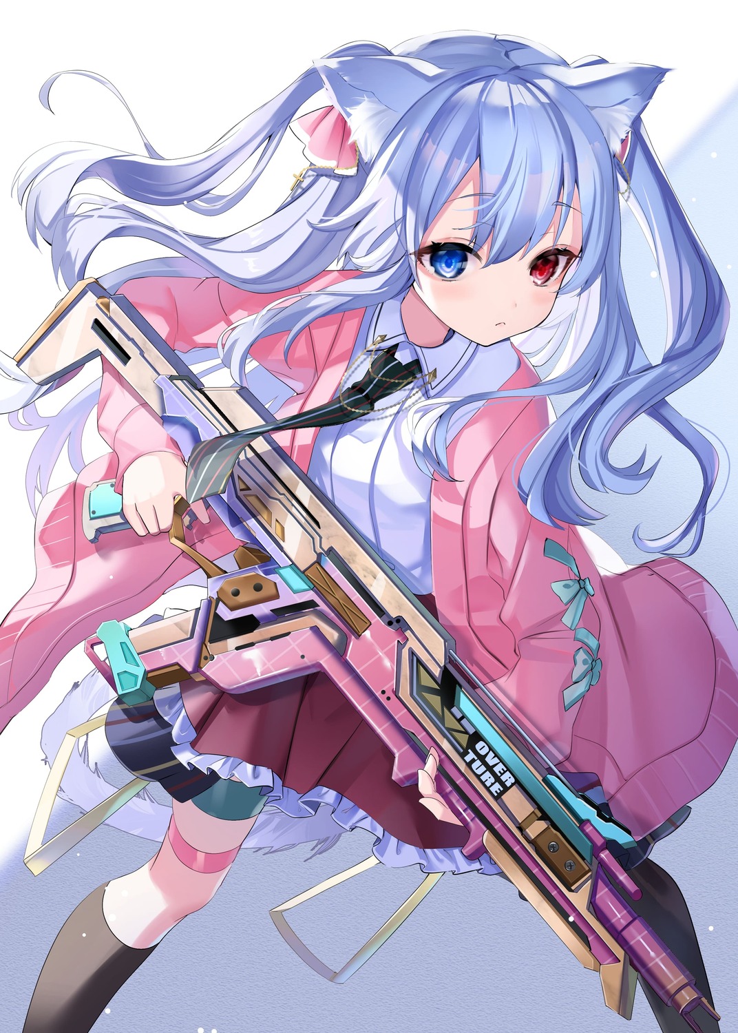 animal_ears garter gun heterochromia nekomimi piyokuma seifuku sweater