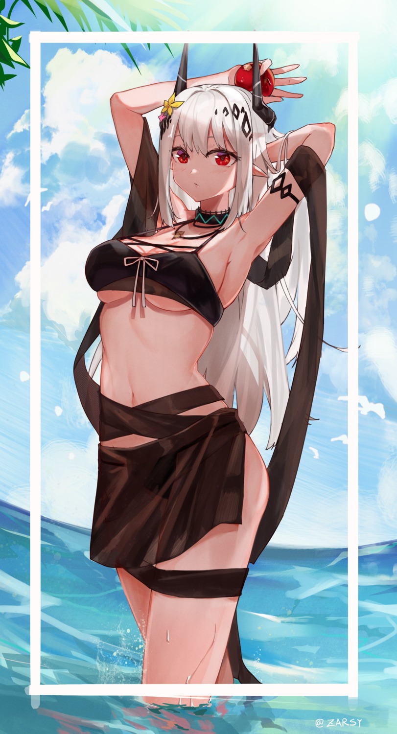 arknights bikini_top erect_nipples horns mudrock_(arknights) swimsuits wet zidong_fanmai_jii_o3