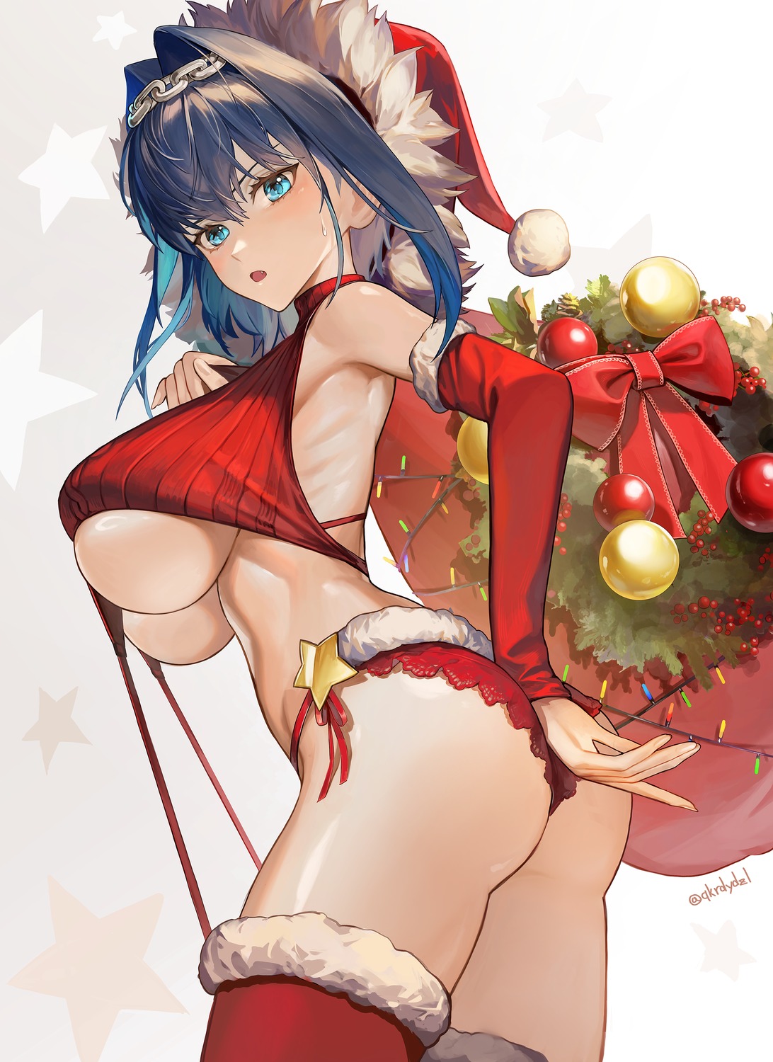 ass christmas hololive hololive_english no_bra ouro_kronii pantsu santafe99 stockings string_panties sweater thighhighs thong underboob