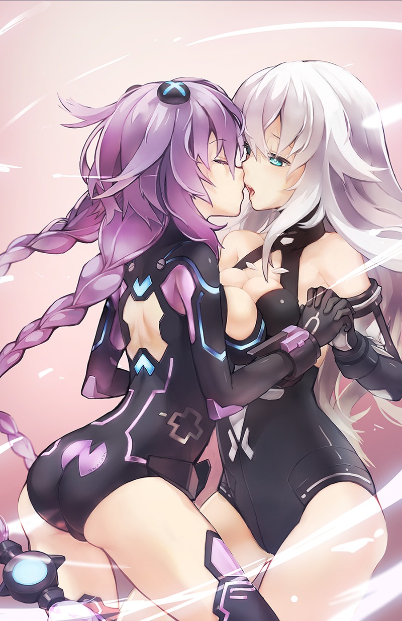 ass black_heart bodysuit choujigen_game_neptune cleavage ge-b purple_heart symmetrical_docking thighhighs yuri