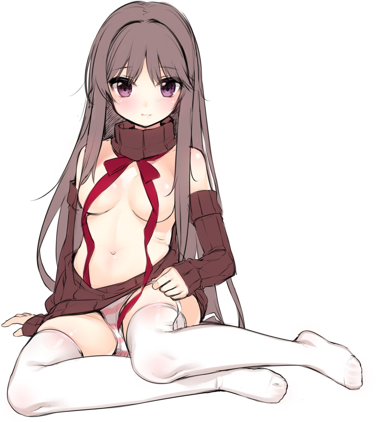 breasts feet kuronell no_bra pantsu panty_pull shimapan string_panties sweater thighhighs undressing