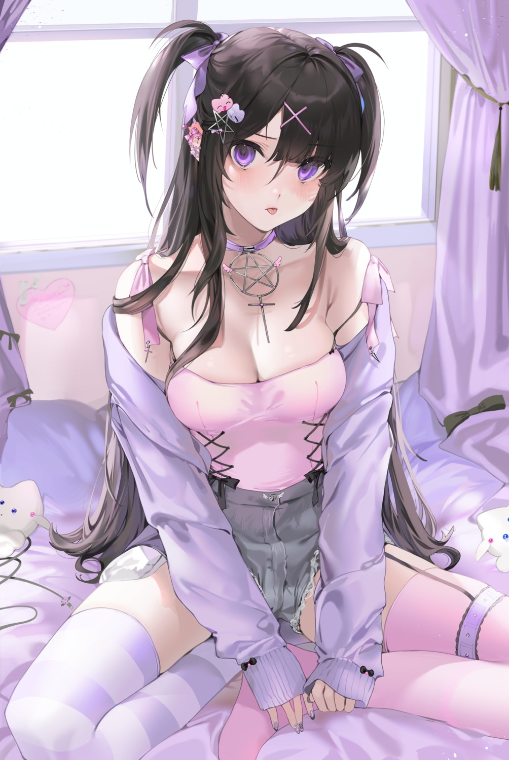 artist_revision cleavage garter no_bra stockings sweater thighhighs torn_clothes unxi violeta_(unxi)