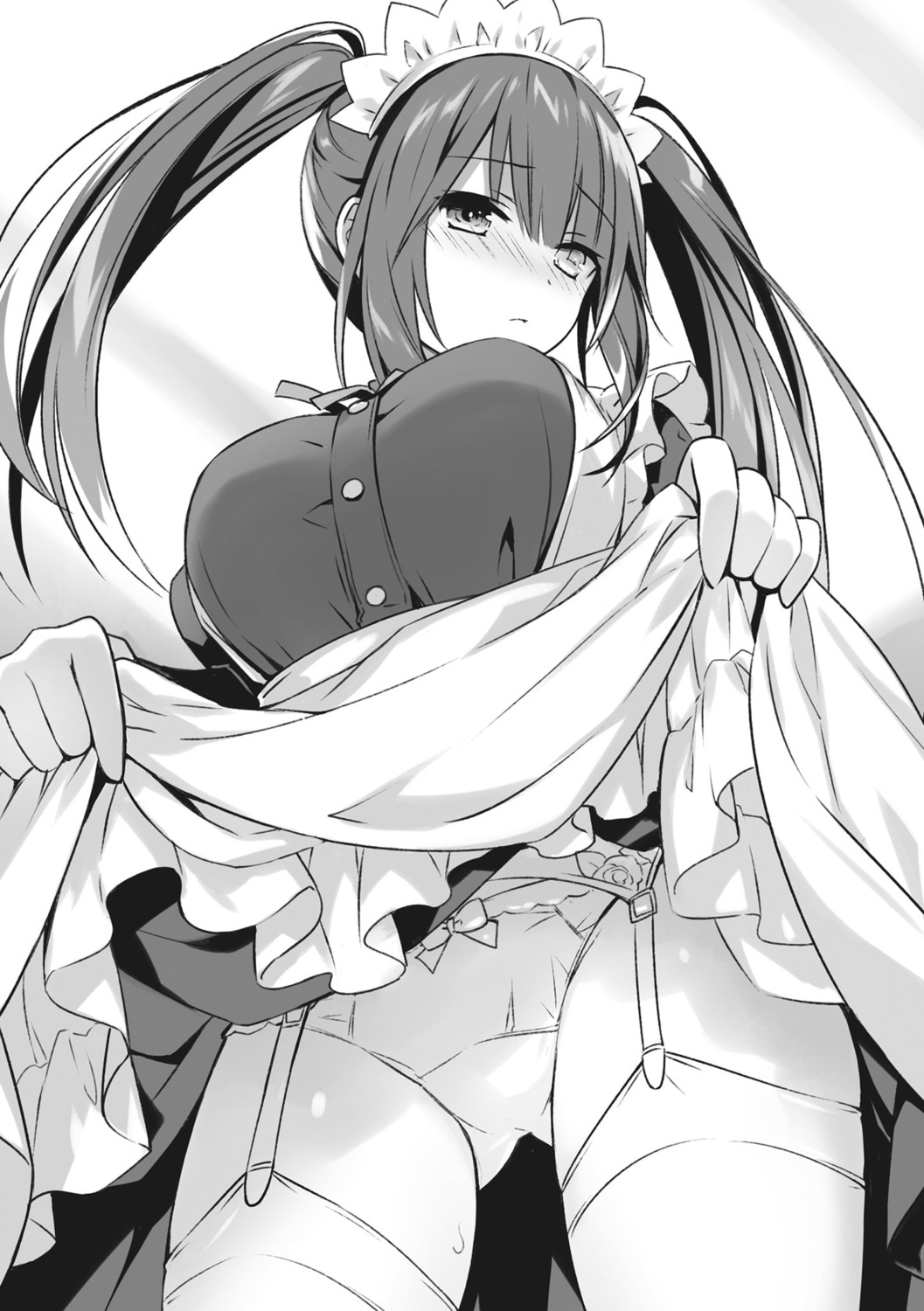 date_a_live date_a_live_encore heterochromia maid monochrome pantsu skirt_lift stockings thighhighs tokisaki_kurumi tsunako