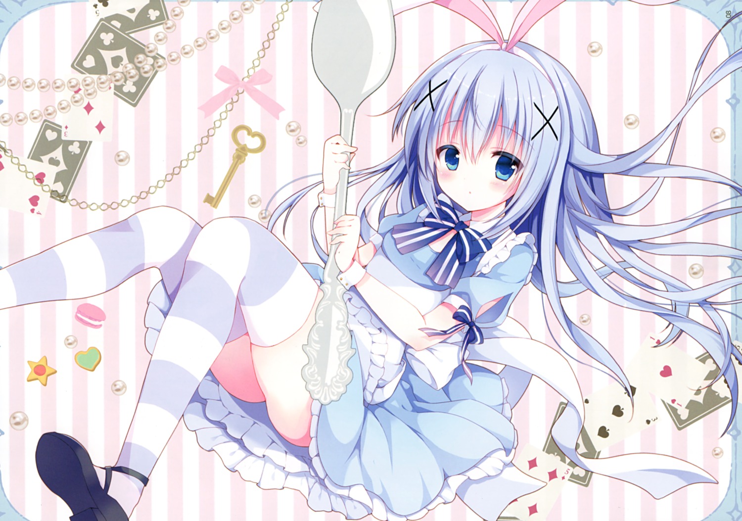 animal_ears bunny_ears cosplay dress gochuumon_wa_usagi_desu_ka? izumi_nanase kafuu_chino skirt_lift thighhighs