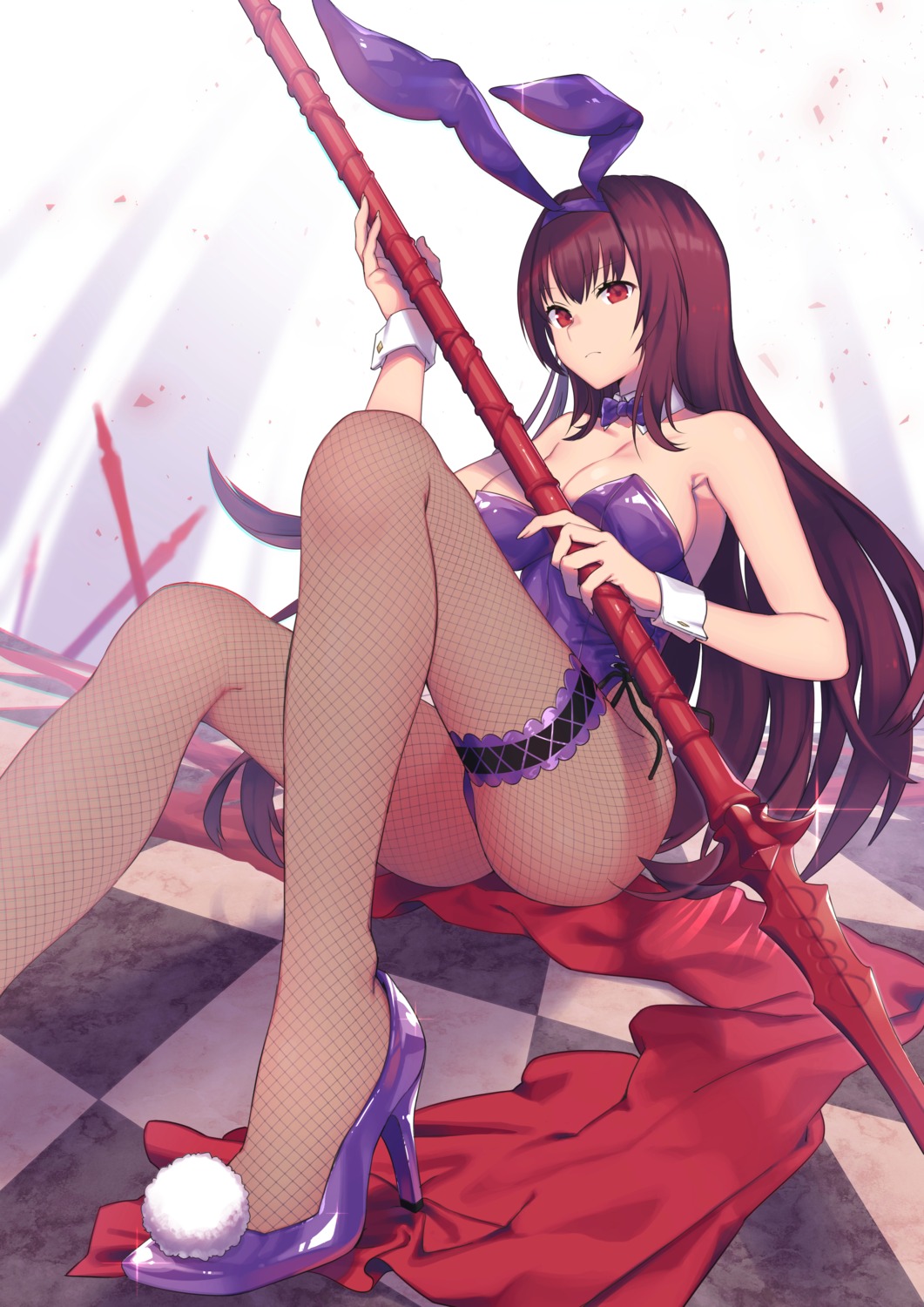 animal_ears bunny_ears bunny_girl fate/grand_order fishnets garter heels kagayaku_(mottokrkr) no_bra pantyhose scathach_(fate/grand_order) tail weapon