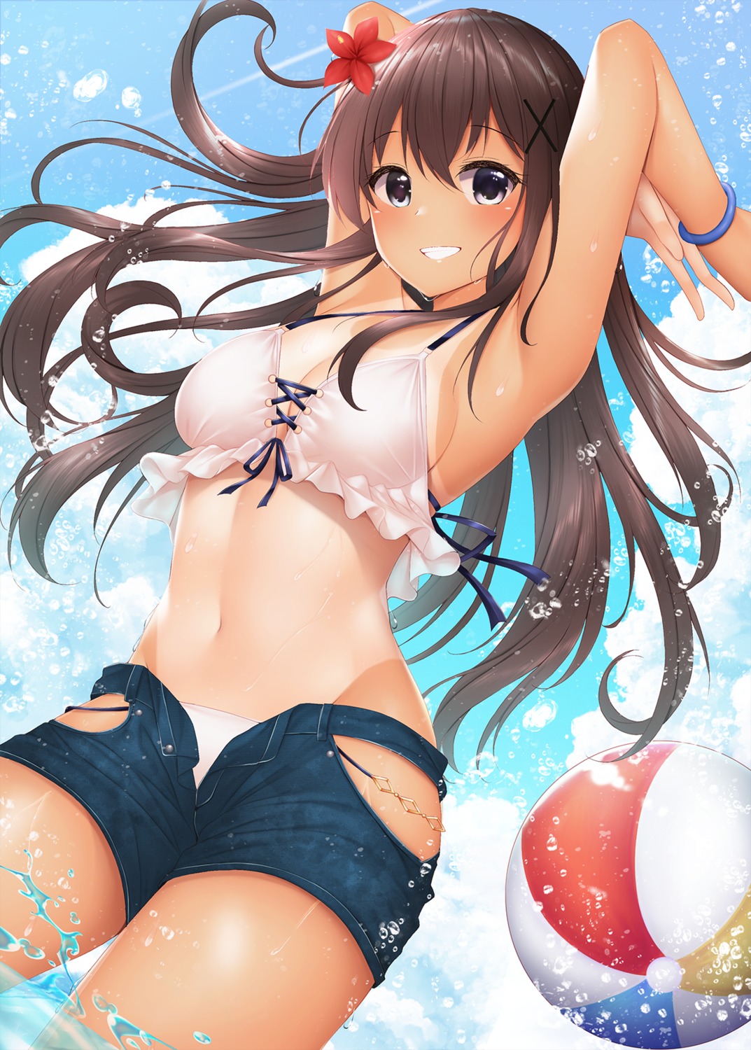 bikini cleavage minato_ojitan panty_pull swimsuits tan_lines wet