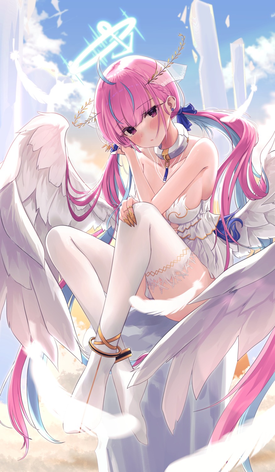angel dress hololive minato_aqua no_bra rodailuda thighhighs wings