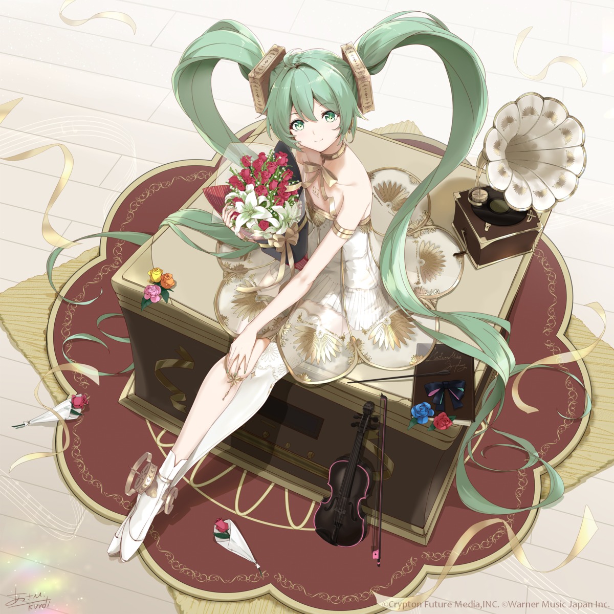 asahi_kuroi dress gramophone_miku hatsune_miku hatsune_miku_symphony no_bra see_through tattoo thighhighs vocaloid