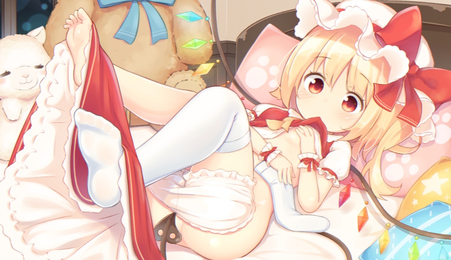 bloomers breast_hold feet flandre_scarlet loli no_bra panty_pull pistanya shirt_lift tail thighhighs touhou undressing wings