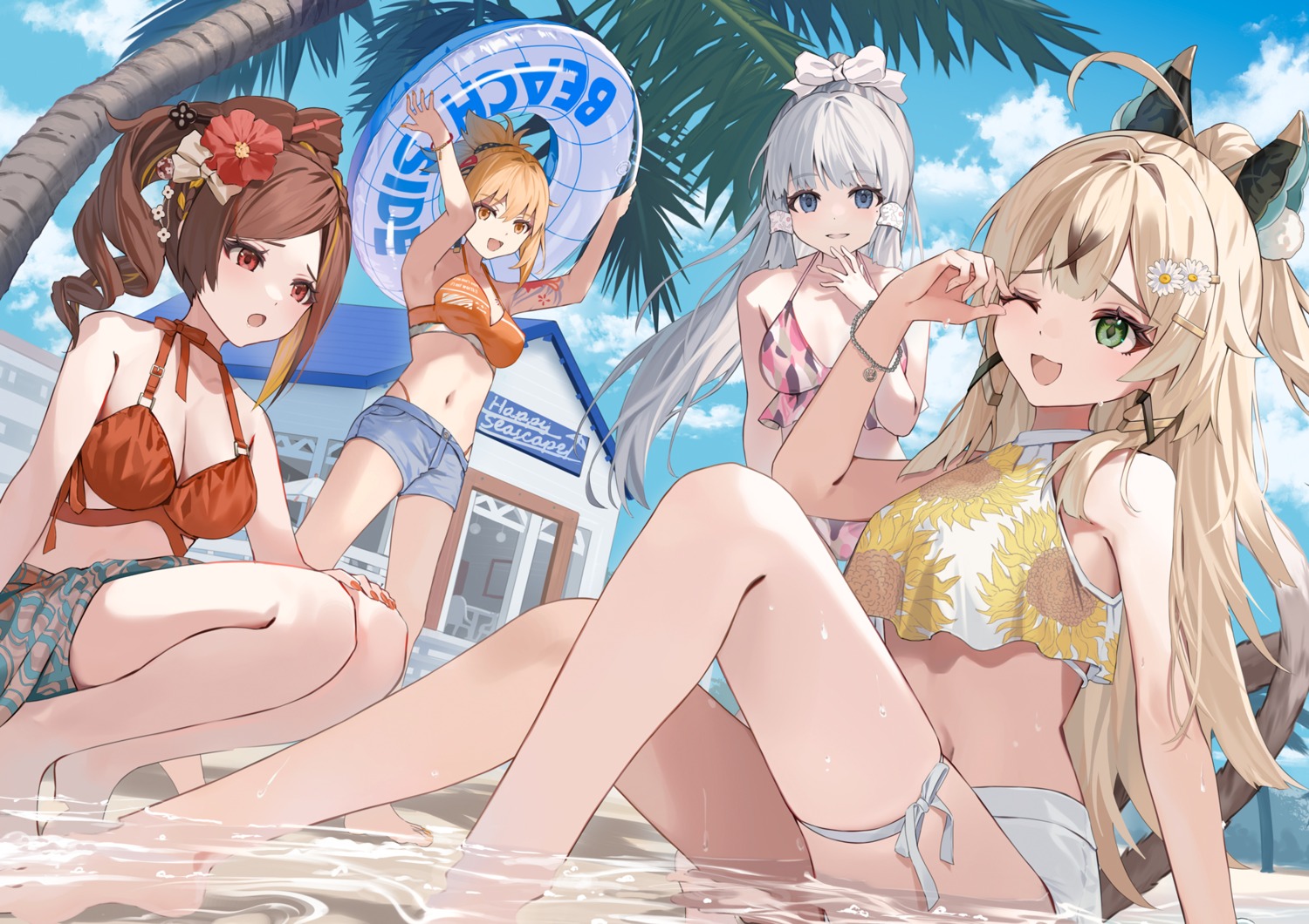 bikini chiori garter genshin_impact kamisato_ayaka kirara_(genshin_impact) motto_(night_wear) swimsuits tattoo wet yoimiya