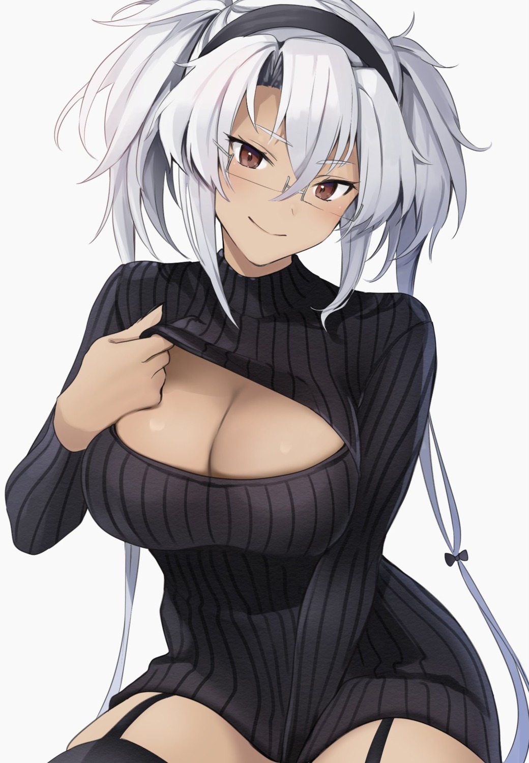 dress kantai_collection megane musashi_(kancolle) no_bra stockings sweater thighhighs undressing yunamaro