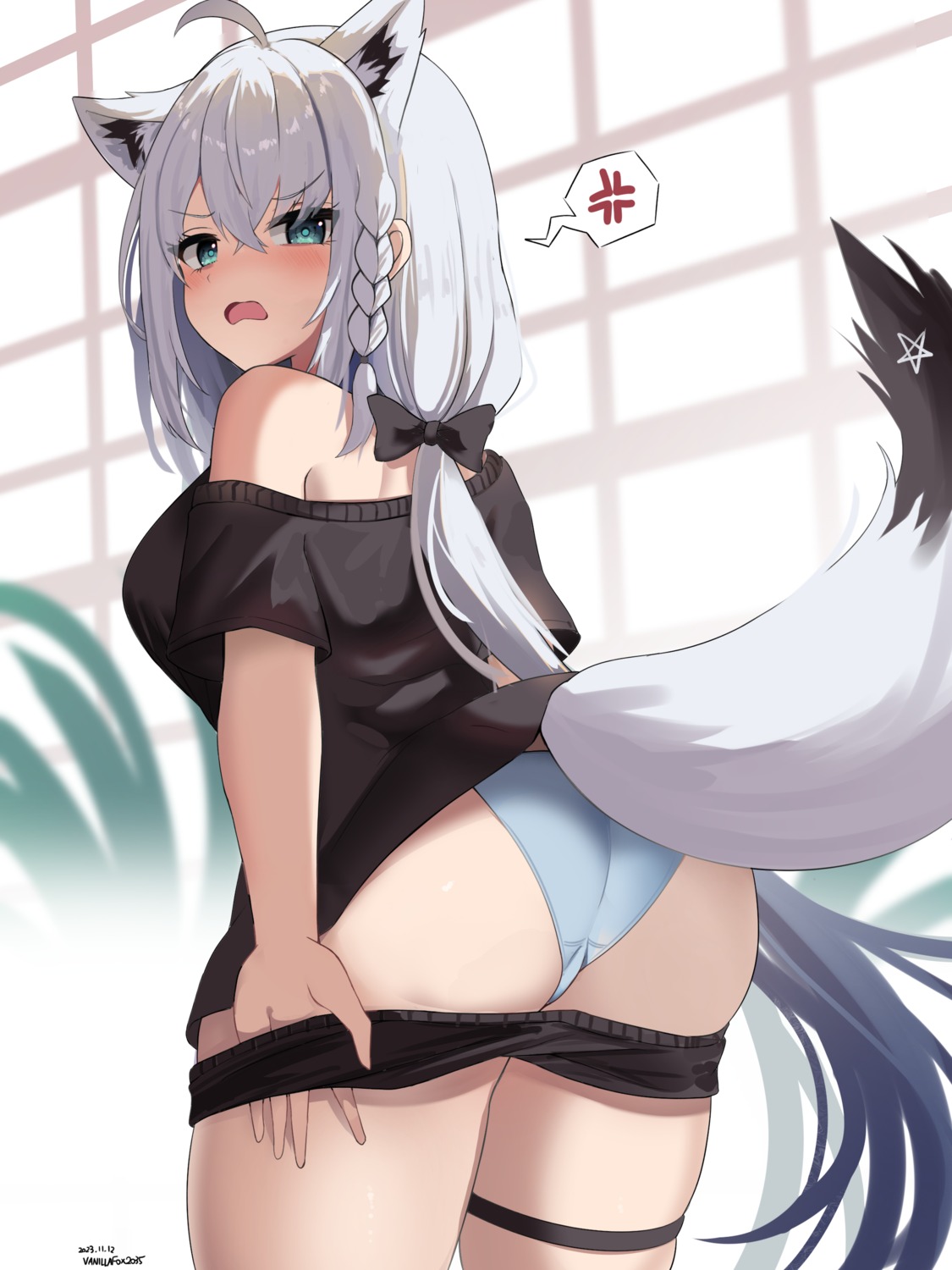 animal_ears ass garter hololive hololive_gamers kitsune pantsu shirakami_fubuki tail thong undressing vanillafox2035