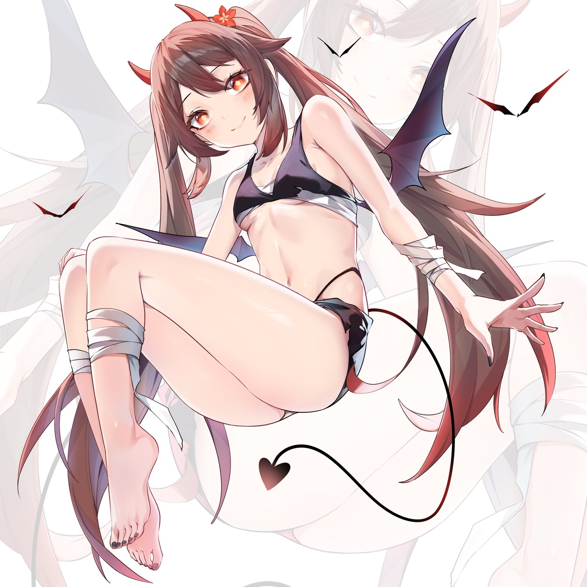 bandages bikini_armor devil feet genshin_impact horns hu_tao sarashi snozaki tail wings