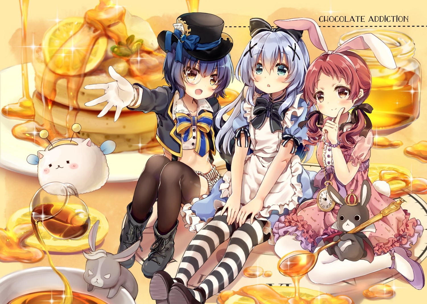 alice_in_wonderland animal_ears anko_(gochiusa) bunny_ears cosplay dress gochuumon_wa_usagi_desu_ka? heels jouga_maya kafuu_chino megane mitsuki_ponzu natsu_megumi pantyhose thighhighs tippy_(gochiusa) wild_geese