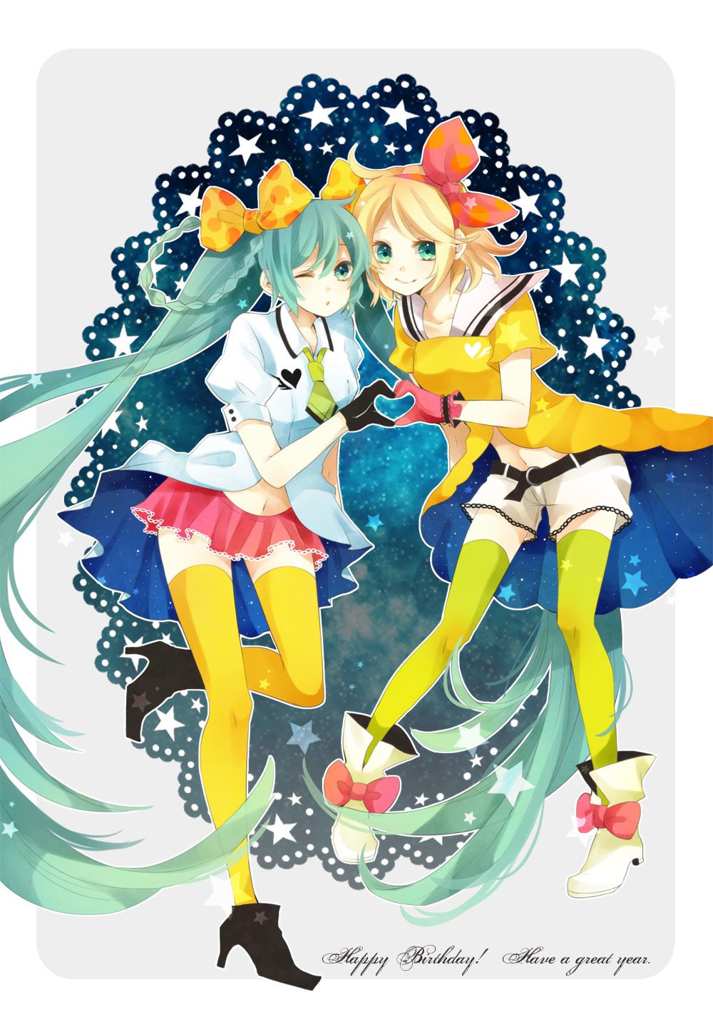 hatsune_miku ichinose_(sorairo) kagamine_rin thighhighs vocaloid