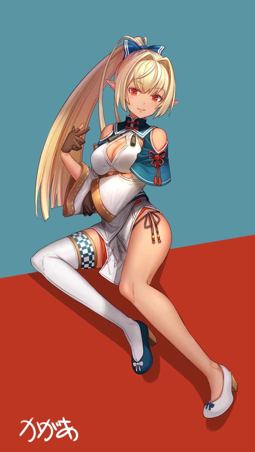 arpeggio_kaga asian_clothes cleavage elf heels hololive pantsu pointy_ears shiranui_flare string_panties thighhighs