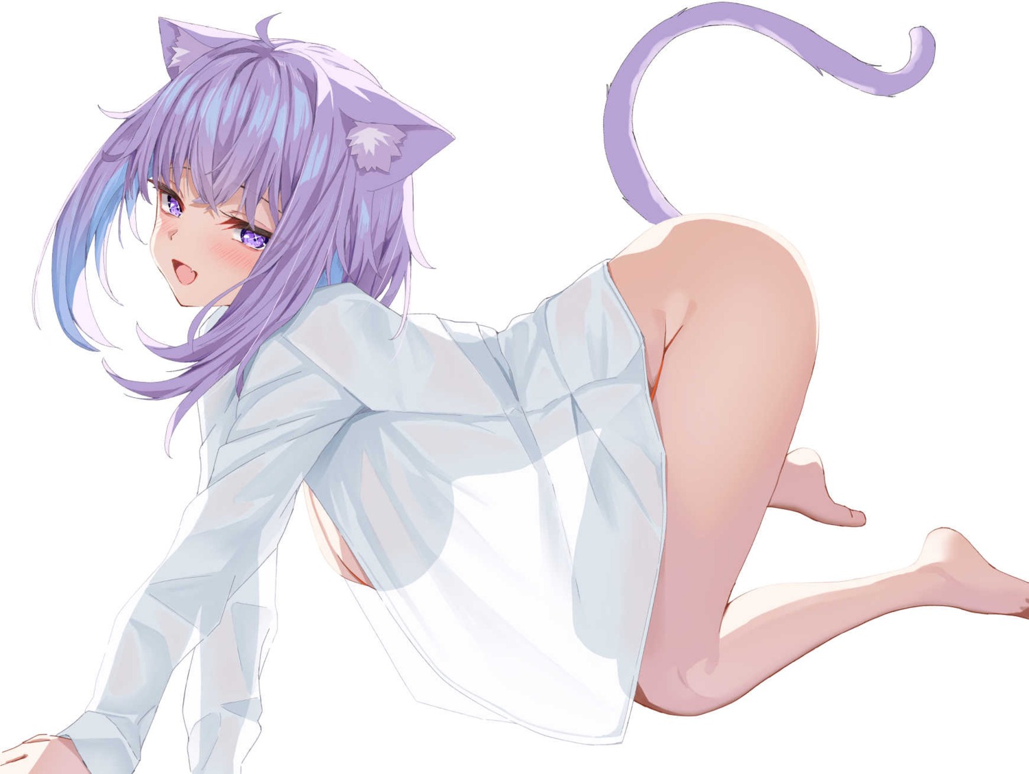 animal_ears bottomless dress_shirt hololive hololive_gamers nekomata_okayu nekomimi no_bra o29sukizero open_shirt see_through tail