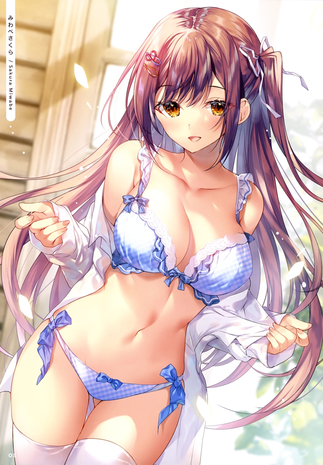 bra dress_shirt miwabe_sakura open_shirt pantsu string_panties thighhighs undressing