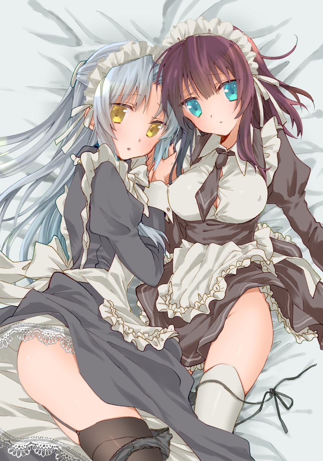 angel_beats! erect_nipples maid nakamura_yuri pantsu panty_pull puya skirt_lift stockings string_panties tachibana_kanade thighhighs