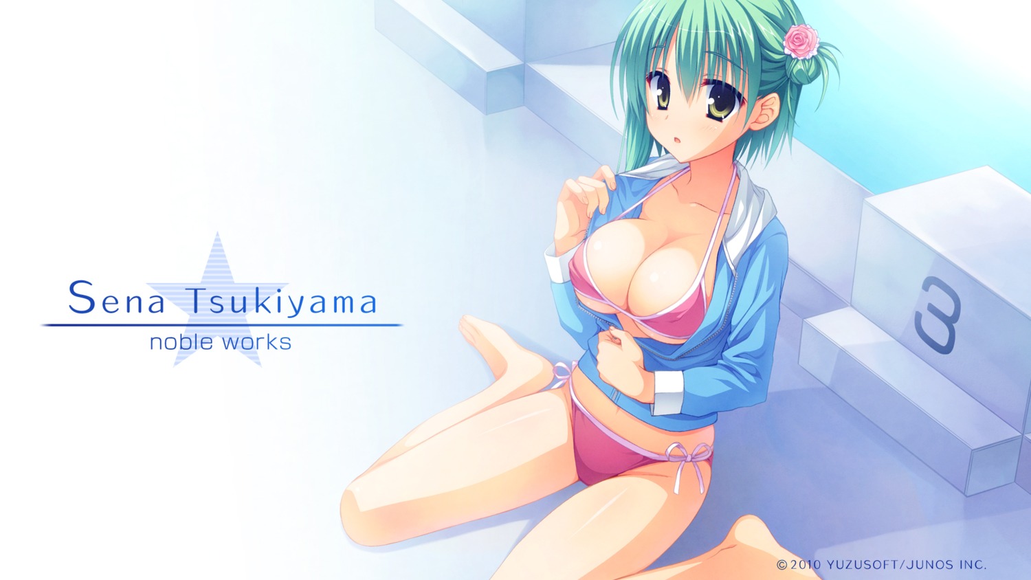 bikini cleavage erect_nipples muririn noble_works swimsuits tsukiyama_sena underboob undressing wallpaper yuzu-soft