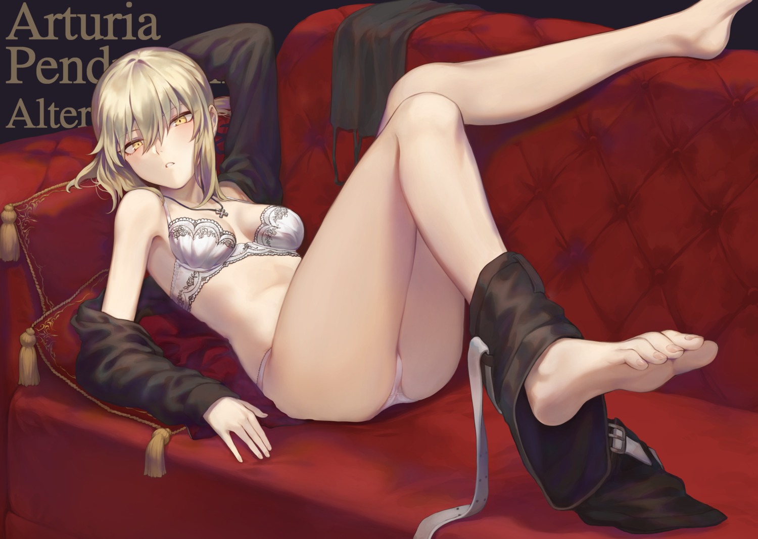 bra cleavage fate/grand_order feet mashu_(003) open_shirt pantsu saber saber_alter