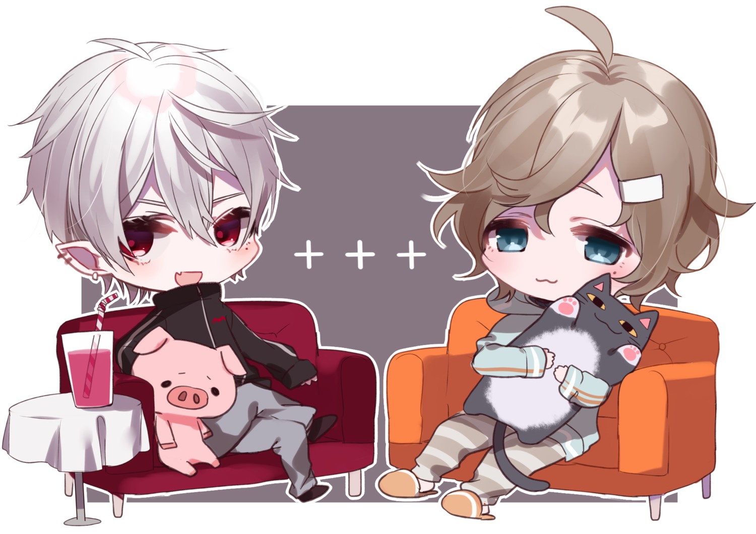 chibi kanae_(nijisanji) kuzuha_(nijisanji) male misumi_(macaroni) nijisanji nijisanji_gamers pointy_ears