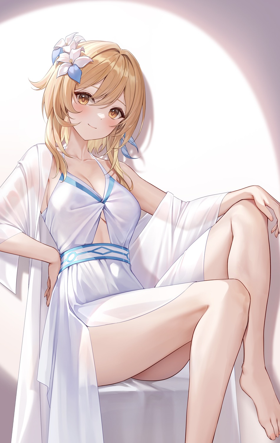 cleavage dress genshin_impact lumine lunacle no_bra see_through skirt_lift