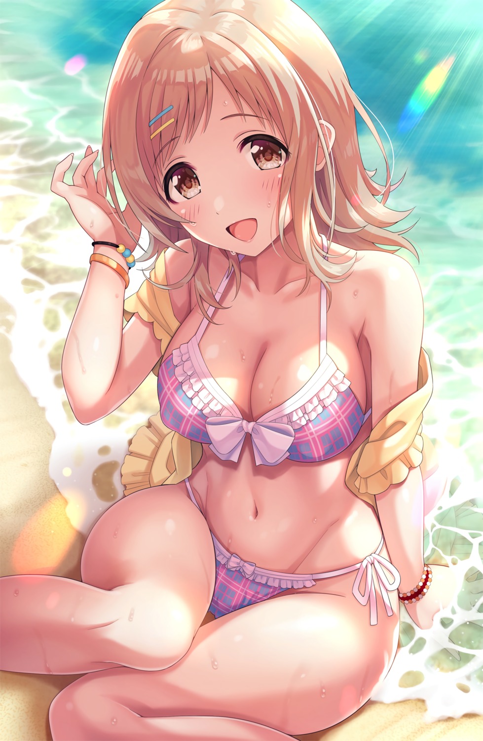 bikini cleavage open_shirt sakuragi_mano swimsuits the_idolm@ster the_idolm@ster_shiny_colors thighhighs urabi wet