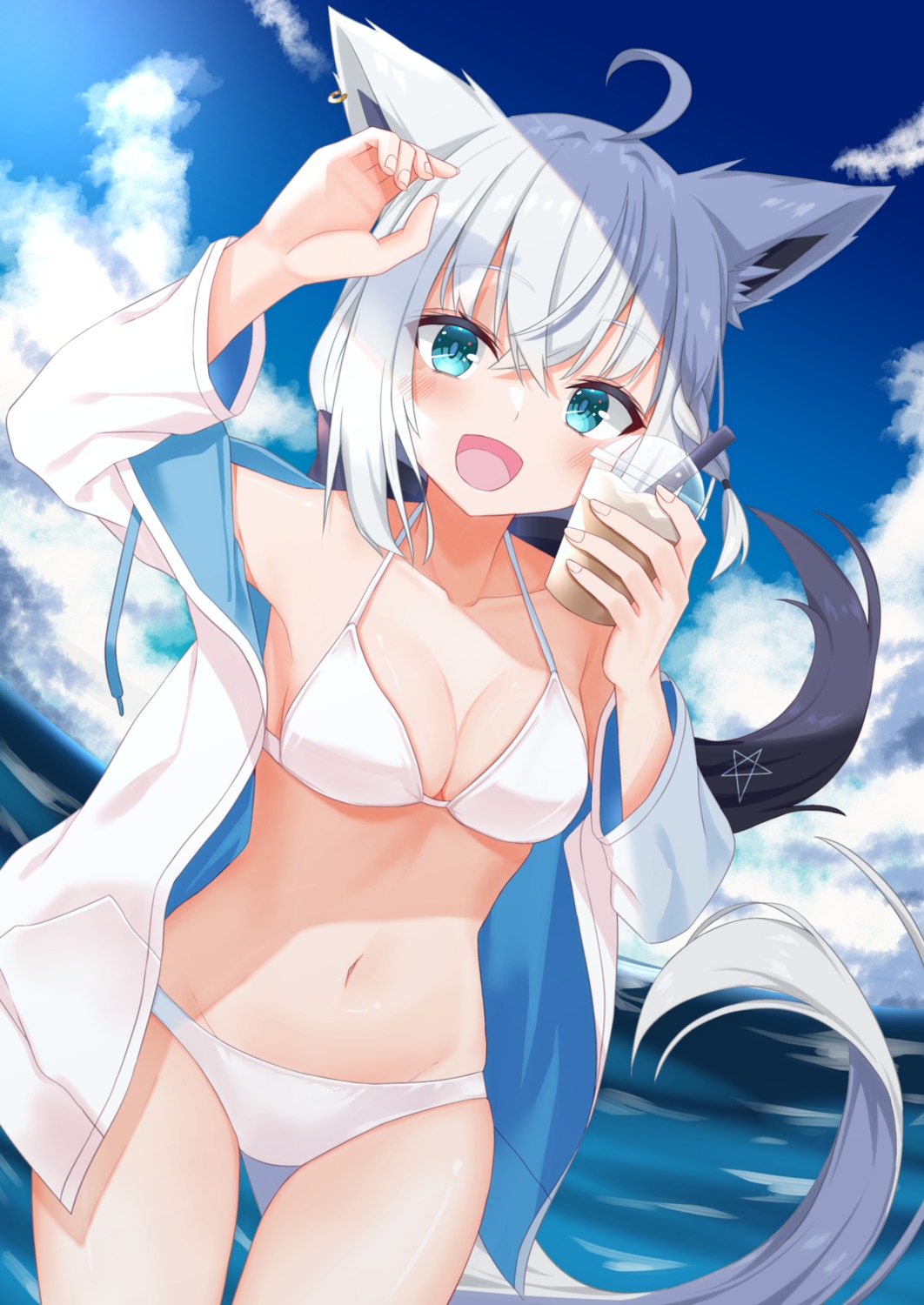 animal_ears bikini divergenceok hololive hololive_gamers kitsune open_shirt shirakami_fubuki swimsuits tail