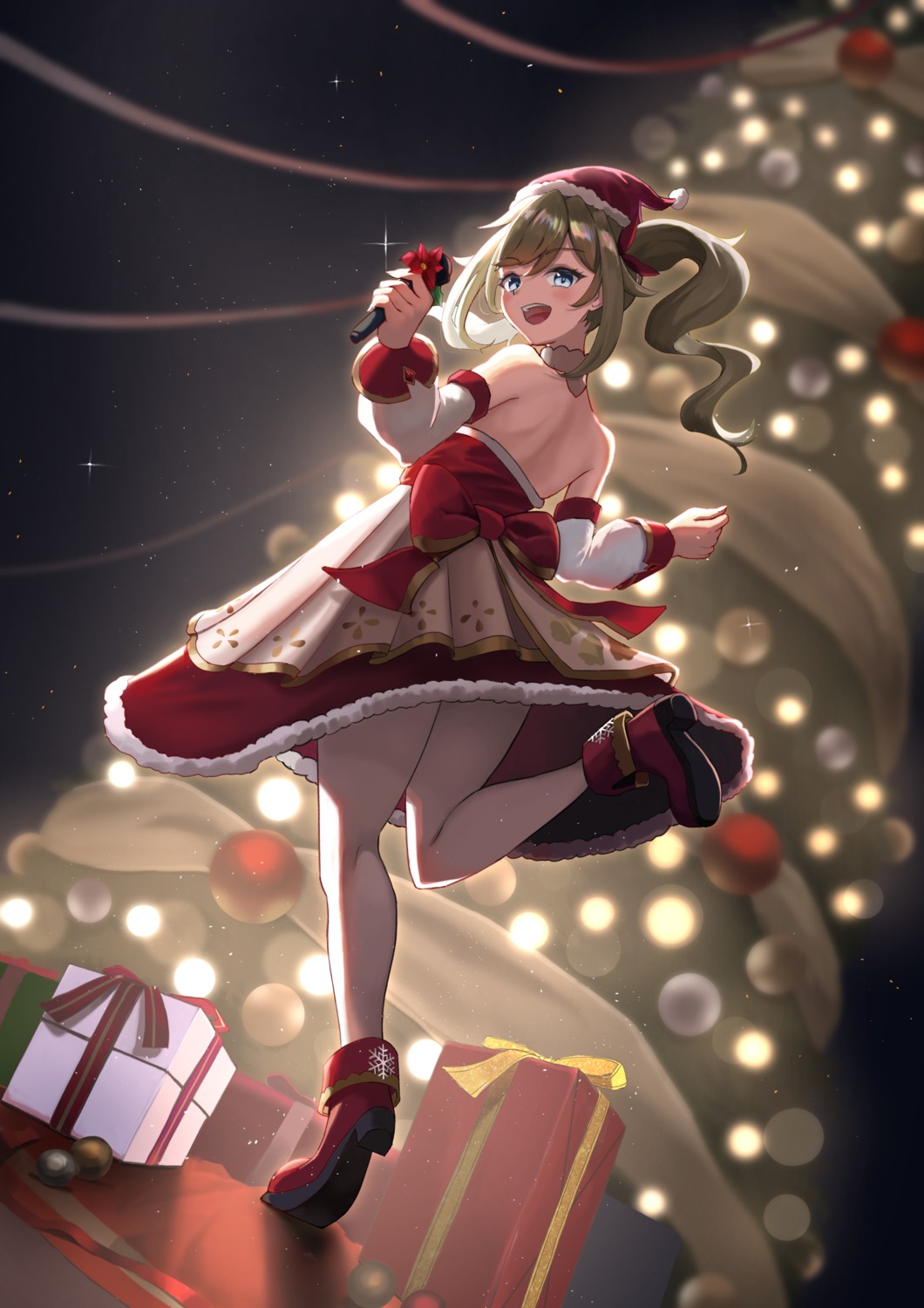 barbara_(genshin_impact) christmas dress genshin_impact heels may9 no_bra pantyhose skirt_lift