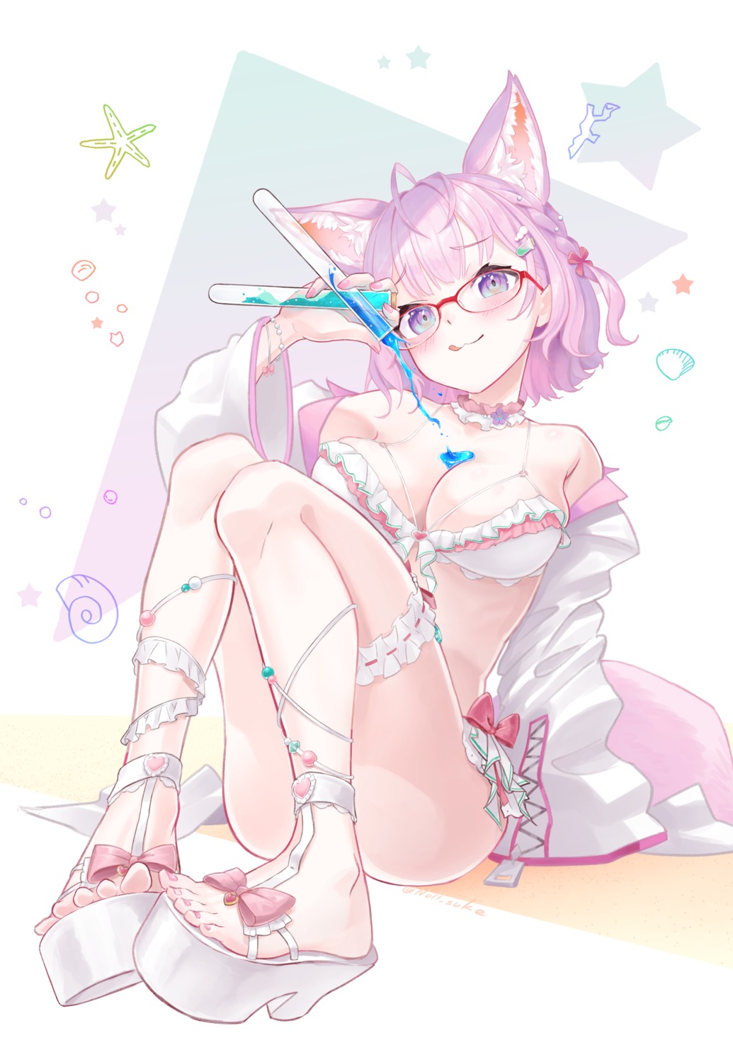 animal_ears bra hakui_koyori heels hololive megane null_suke open_shirt tail