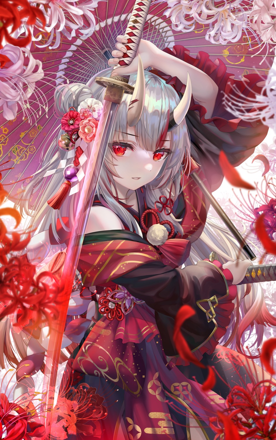 hololive horns japanese_clothes nakiri_ayame sword torino_akua umbrella