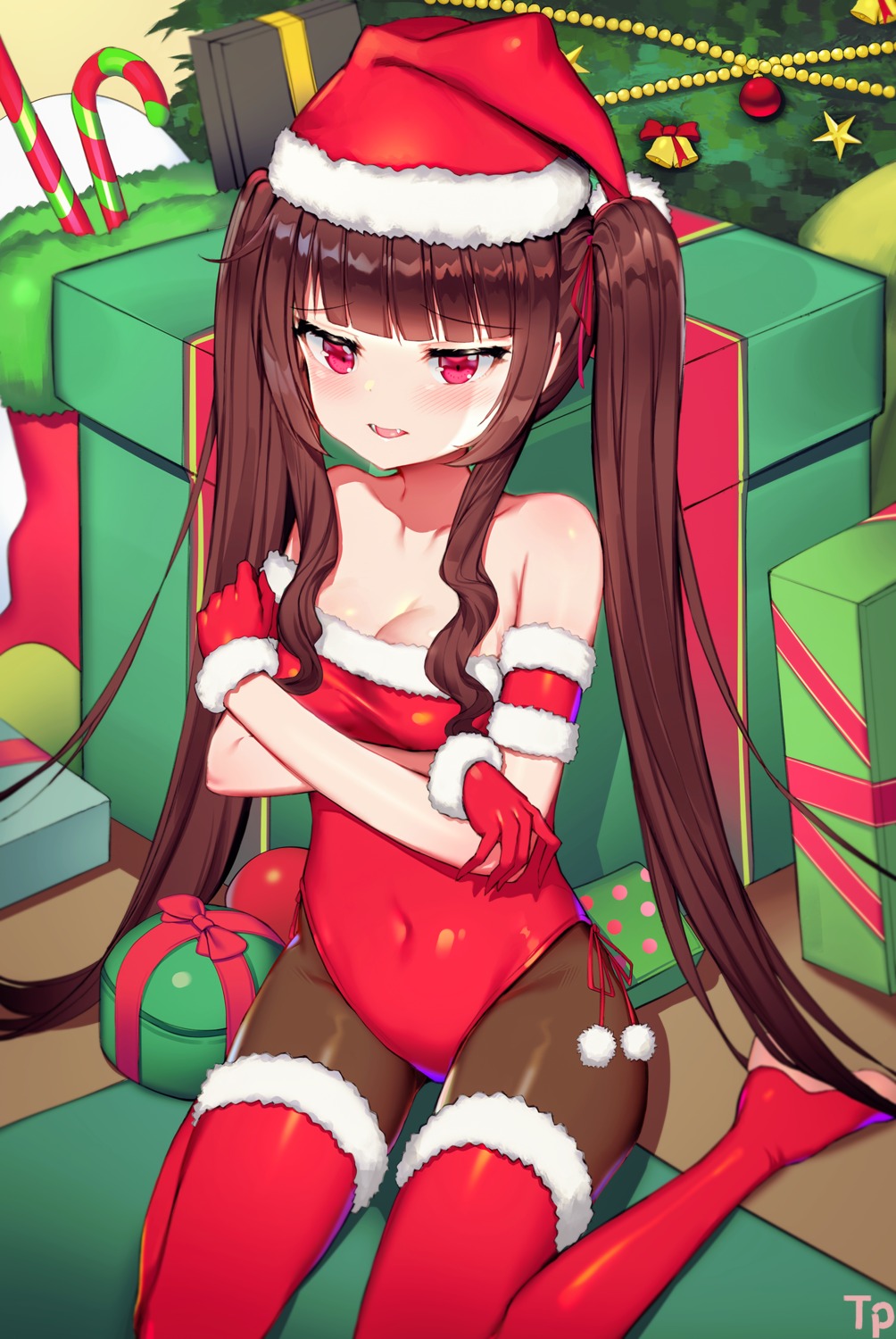 breast_hold christmas cleavage heels leotard lily_bloomerchen pantyhose soul_worker thighhighs topu