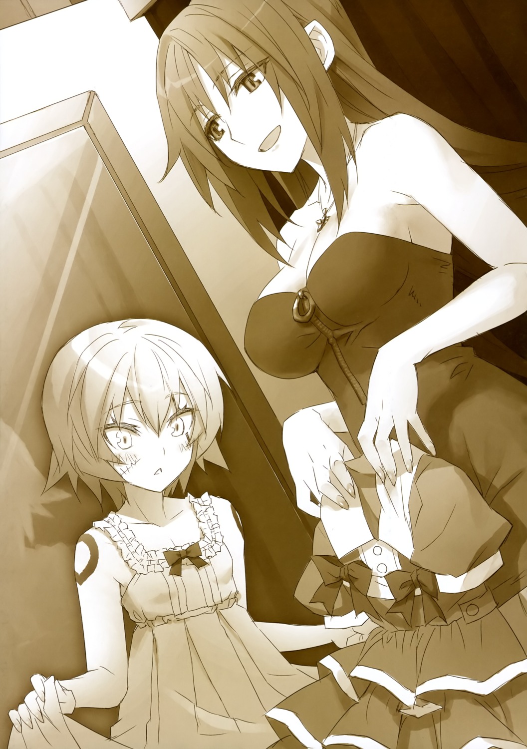 cleavage dress fate/apocrypha fate/stay_night jack_the_ripper monochrome rikudou_reika skirt_lift type-moon