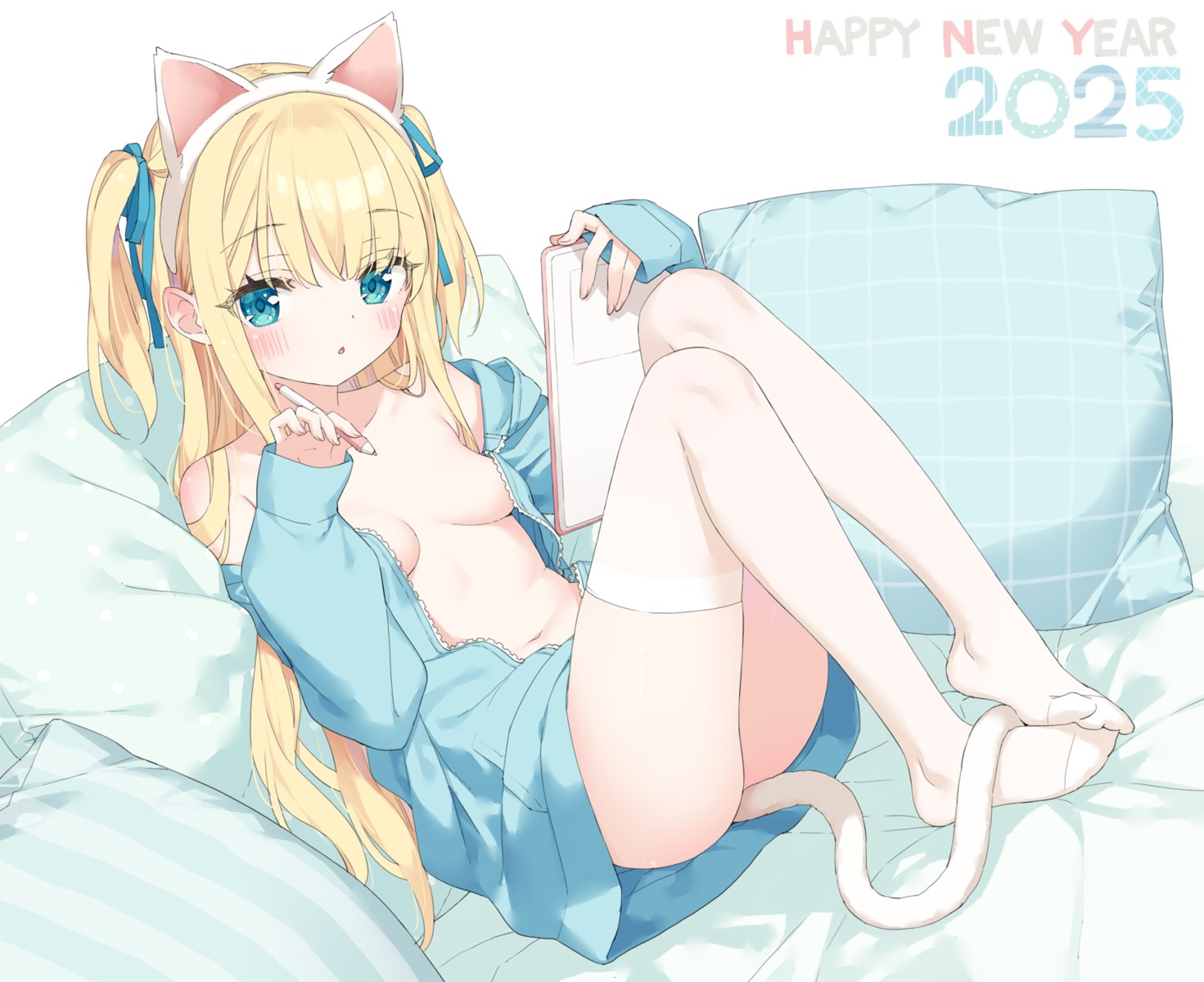 animal_ears kani_biimu loli nekomimi no_bra open_shirt shimotsuki_potofu tail thighhighs