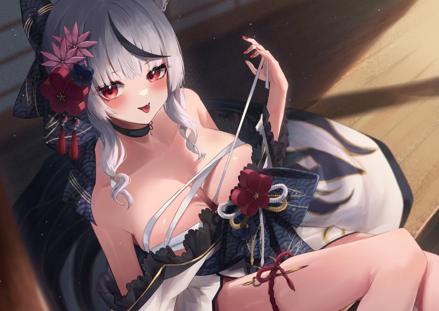 anemone_noa garter hololive japanese_clothes sakamata_chloe sarashi undressing weapon